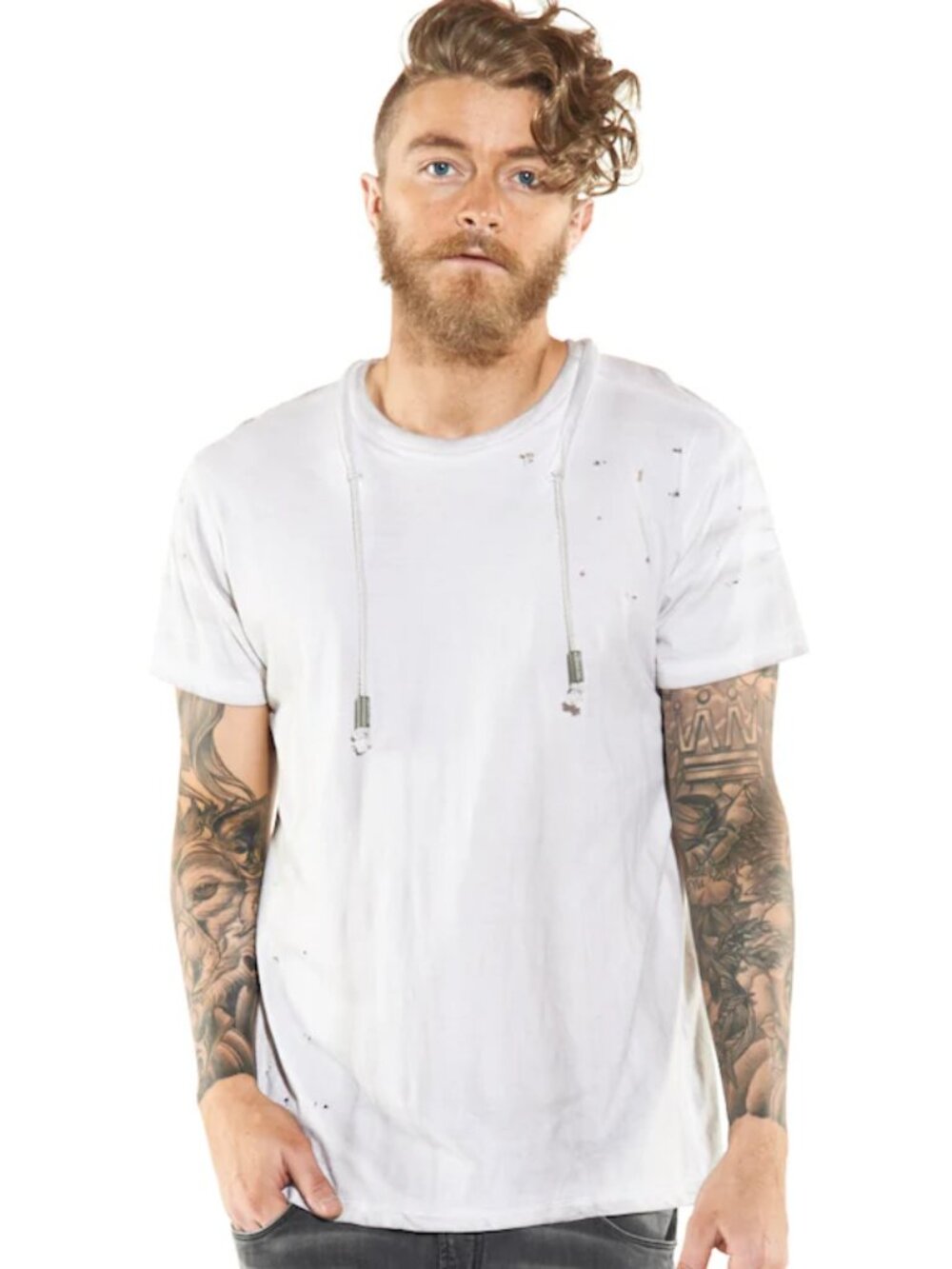 Reese De Luca Dirty White Jersey T-Shirt with Drawstring Neck